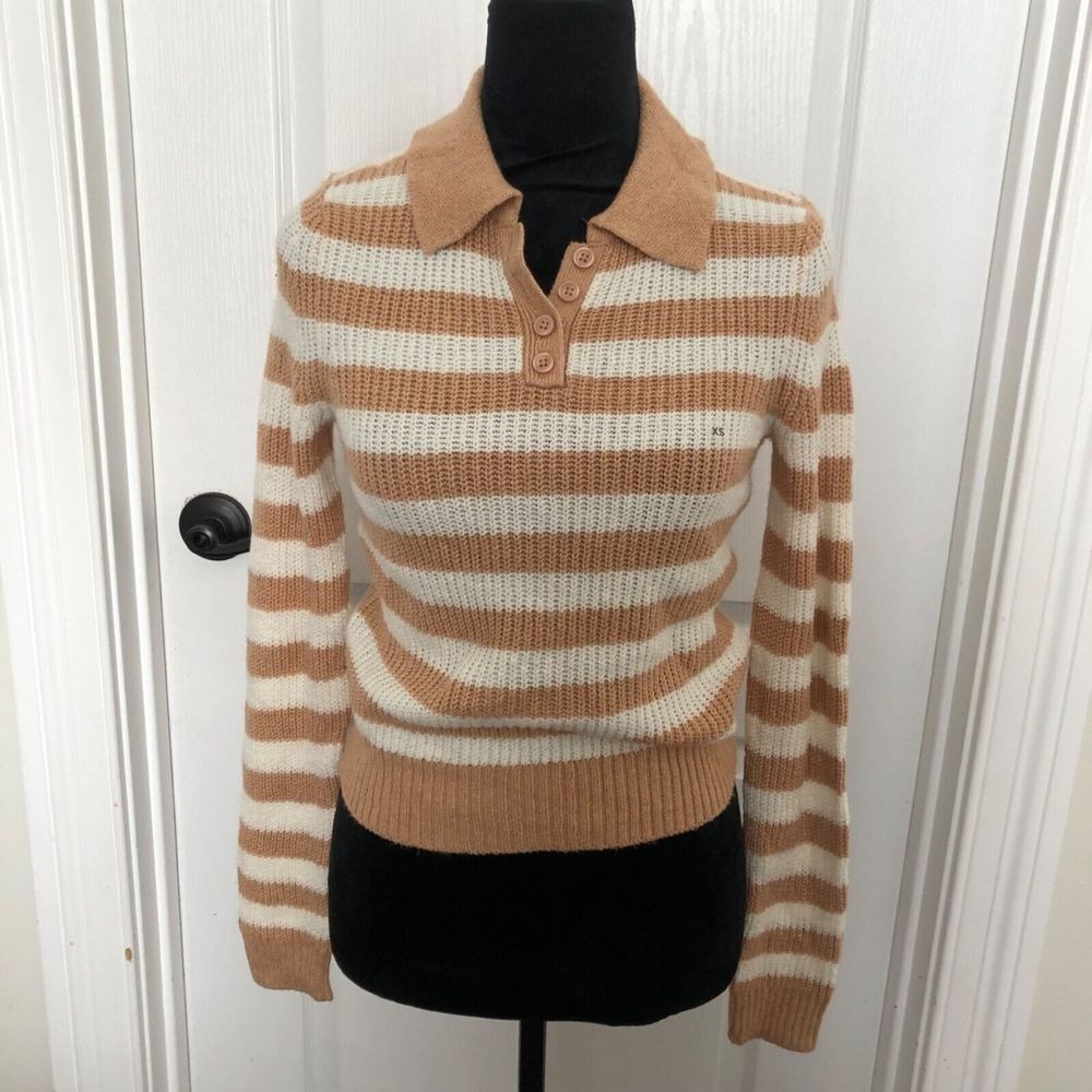 American Eagle Striped Polo Sweater Tan White Collared Knit Top XS 0341-9648-207